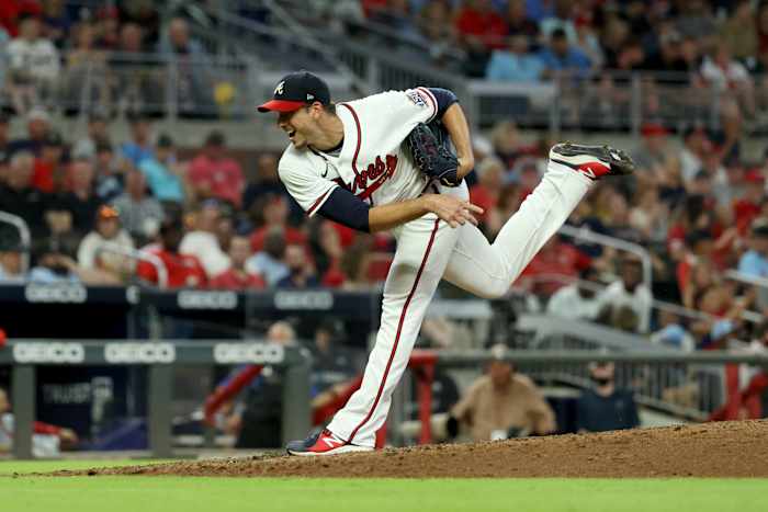 Jun 17, 2021; Atlanta, Georgia, USA; Atlanta Braves starting pitcher Charlie Morton (50) delivers a pitch against a St. Louis Cardinals batter during the eighth inning at Truist Park. Mandatory Credit: Jason Getz-USA TODAY Sports